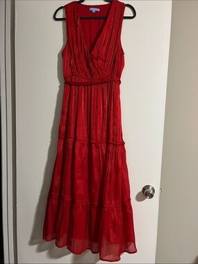 Draper James Red Sleeveless V-Neck Tiered Maxi Dress with a slip underneath